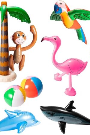 The R HORSE Inflatable Palm Tree Flamingo Banana Beach Ball Parrot Beach Pool Toys for Tropical Hawaiian Luau Party Summer Pool Beach Party Decorations