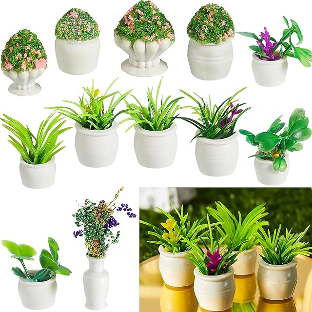 The Chuangdi 12 Pieces Miniature Dollhouse Plant Flowers Mini Potted Plant Artificial Tiny Greenery Ornament Miniature Hanging Potted Faux Flower Model Dollhouse Decoration, 6 Types