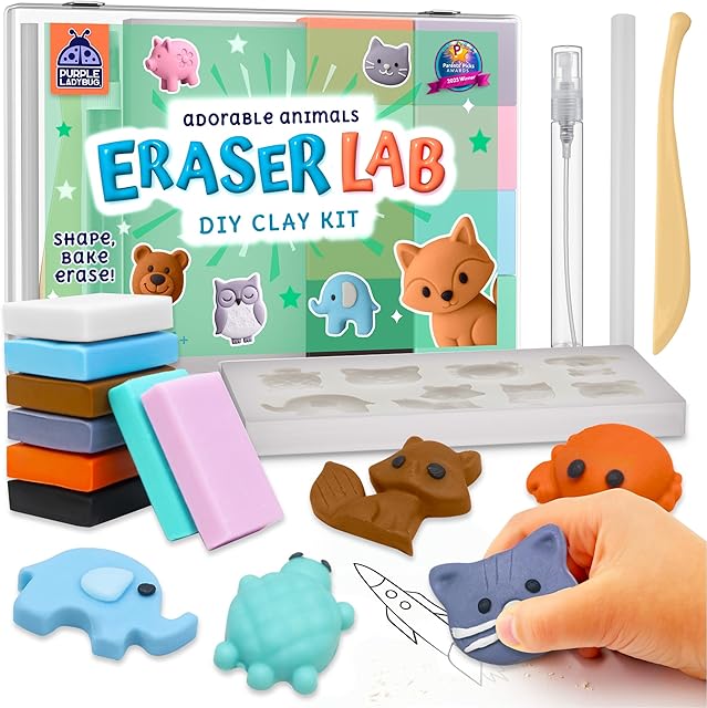 The PURPLE LADYBUG DIY Clay Cute Mini Eraser Kit for Kids - Students Desk Pet Animals Make Your Own Erasers Kit, Arts and Crafts for Kids Ages 8-12 4-8, Ideal for School Supplies, Gifts & Creative Play