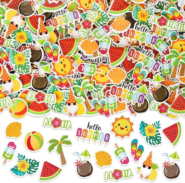 The 300Pcs Summer Foam Stickers Hello Summer Gnome Tropical Beach Watermelon Hawaii Decals Mixed Bulk Cartoon Self-Adhesive Decorative for DIY Art Craft Scrapbook Journal Party Supplies