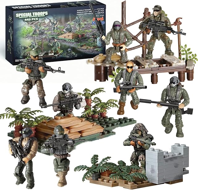 The Special Forces US Military Mini Action Figures 3 Army Building Sets 9 soldiers Jungle Troopers Ghillie Suit Sniper Jungle Defence Squad Special Troops Toy10+ Kids & Parents Quality Family Time 443 Pcs
