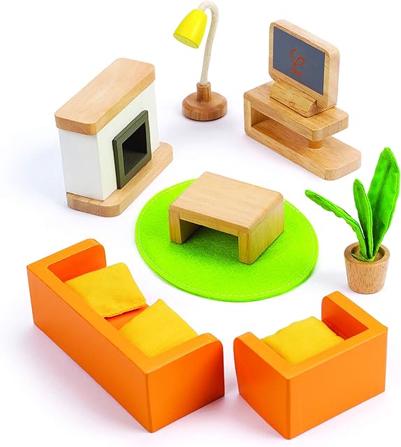 The Hape Wooden Doll House Furniture Media Room Set| Pretend Playset for Kid’s Wooden Dollhouse