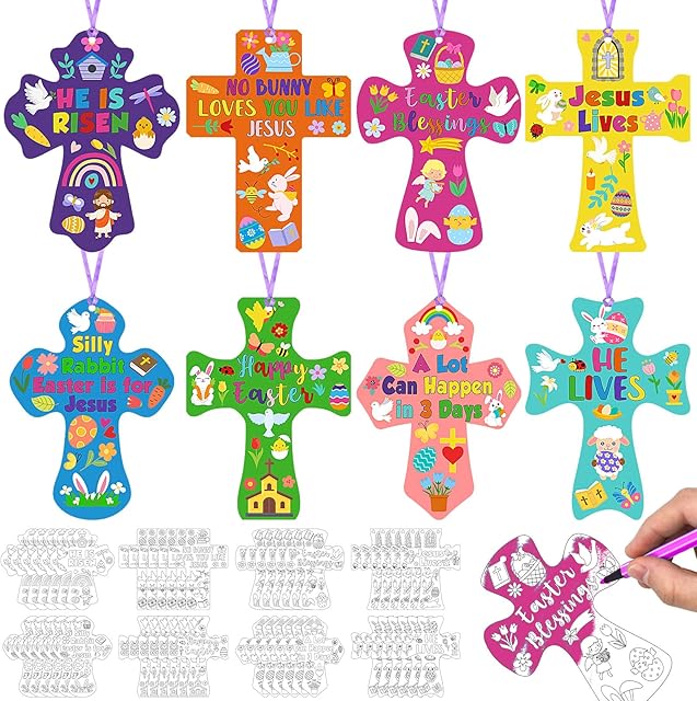 The 48 Pcs Religious Easter Crafts Coloring Resurrection Day Gifts Color Your Own He Is Risen Cross Christian Ornaments for Easter Party Supplies Classroom Church Vbs Sunday School Home Activities