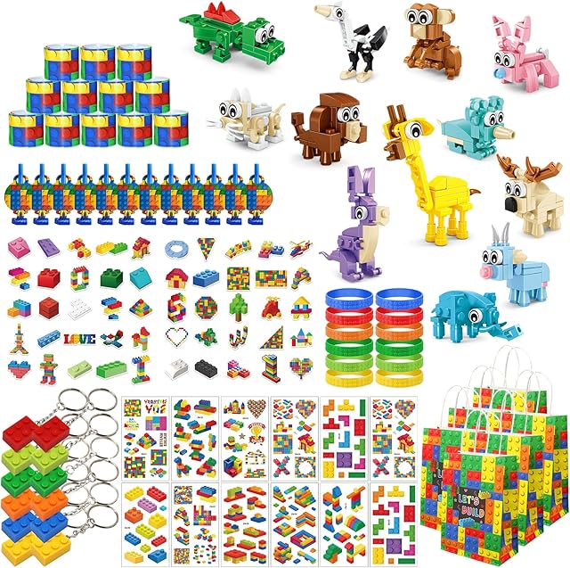 The Party Favors for Kids Ages 6-12, 134 Pcs Building Blocks Toys for Boys Girls Kids with Temporary Tattoo Gift Bag, Goodie Bags & Stocking Stuffers Kid Classroom Prizes, Birthday Gifts Party Decorations