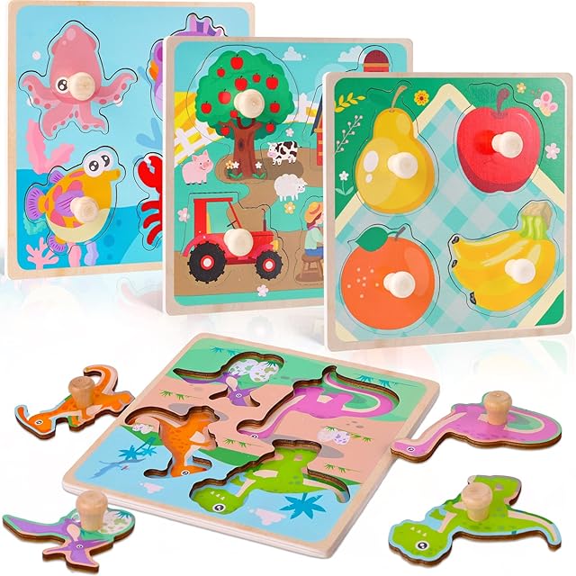 The LovesTown Wooden Peg Puzzles Learning Toys Montessori Educational Knob Puzzle with Handles for Toddlers Preschool Kids 4 PCS