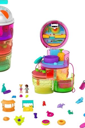 The Polly Pocket 2-in-1 Travel Toy Playset, Spin 'N Surprise Smoothie with Micro Polly & Lila Dolls, Plus 25 Accessories