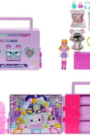 The Polly Pocket Doll & Playset, Disco Dance Fashion Reveal Unboxing Travel Toy with 3-inch Hoodie Buddy Doll, 16 Accessories & Surprise Water Play