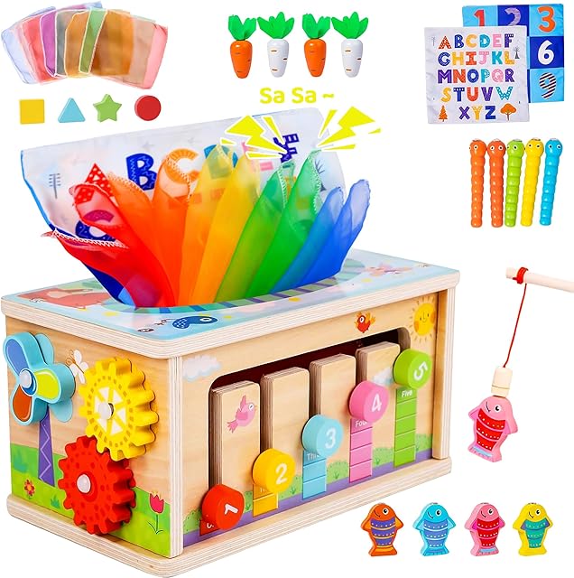 The Montessori Baby Wooden Tissue Box Christmas Toy 6-in-1 Sensory Tissue Box Toy for Babies 36+ Months Developmental Toys for Babies, for 36+ Months
