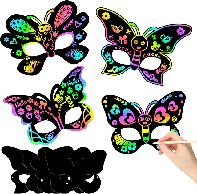 The HubirdSall 48Pcs Summer Butterfly Scratch Masks for Kids DIY Butterfly Scratch Craft Kit Dress-up Costume Decorate for Girls Birthday Party Favors School Classroom Activity Art Project