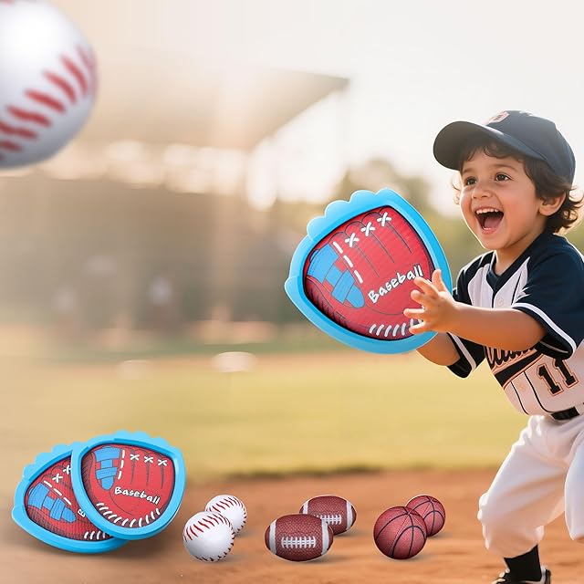 The iPlay, iLearn Kid Toss Catching Ball Game, Toddler Baseball Toy Set W/ 2 Training Gloves 6 Soft Balls, Sport Outdoor Play Game for Yard Camping Activity, Birthday Gift 3 4 5 6 7 8-12 Year Old Boy Girl