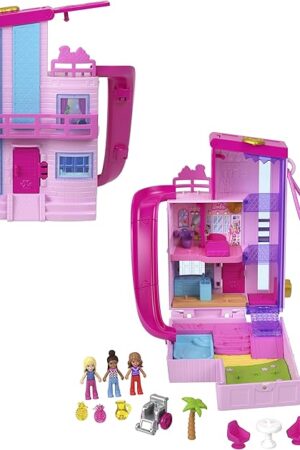 The Polly Pocket Barbie Dreamhouse Compact, Dollhouse Playset with 3 Micro Dolls, 1 Puppy, 11 Accessories, Elevator & Pool