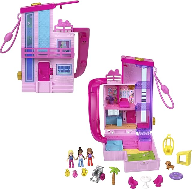 The Polly Pocket Barbie Dreamhouse Compact, Dollhouse Playset with 3 Micro Dolls, 1 Puppy, 11 Accessories, Elevator & Pool