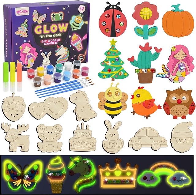 The BenBen 30pcs DIY Wooden Magnets, Glow in The Dark Wood Crafts Kit for Kids, Arts & Crafts Supplies Painting Kit for Girls Boys Ages 4-8 8-12, Birthday Easter Gifts Toys