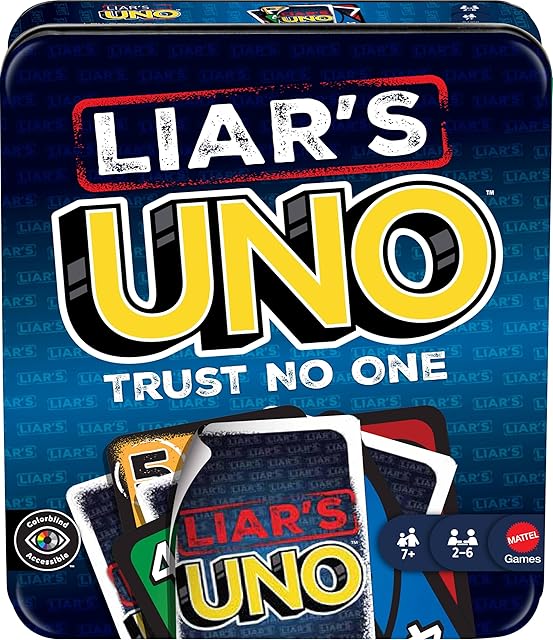 The Mattel Games Liar’s UNO Card Game in Travel & Storage Tin for Adults, Kids, Families, Parties & Game Nights, Outwit Other Players with Bluffing & Trickery (Amazon Exclusive)