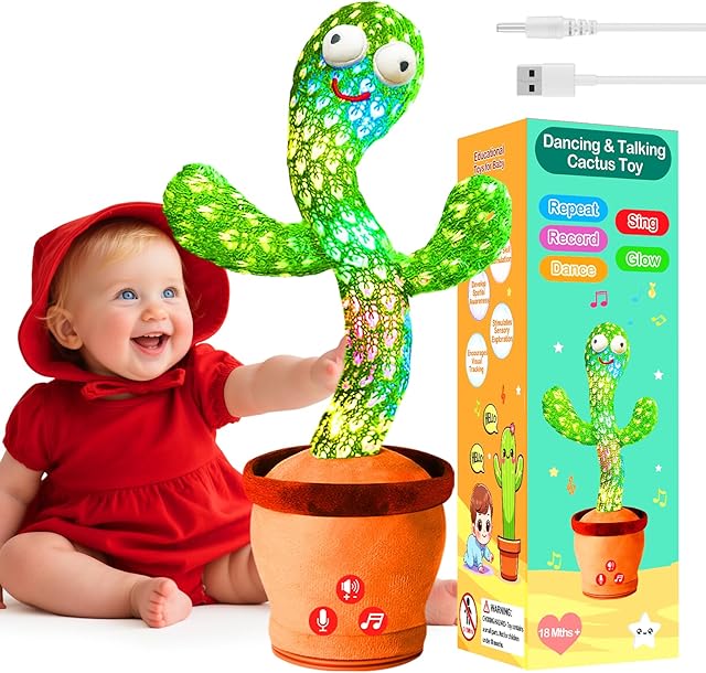 The Rechargeable Dancing Talking Cactus Toy for Babies, Interactive Singing & Mimicking Cactus Baby Toy with Volume Control, Fun & Safe Baby Toy for 6-12 Months +, Stocking Stuffer for Toddlers