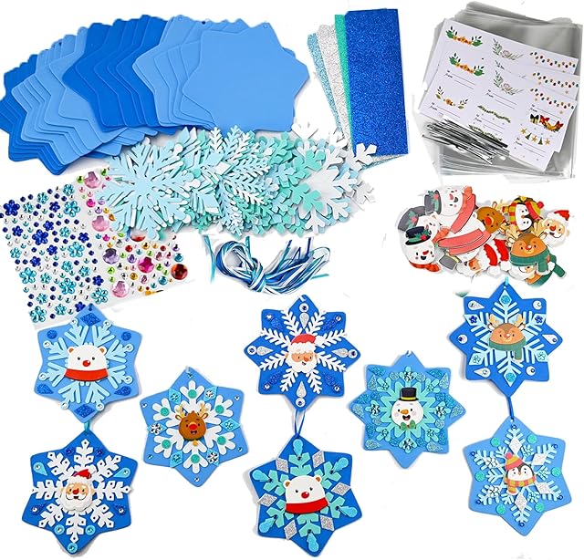 The 24 Sets DIY Christmas Winter Foam Wreath Crafts Kits Decorations Self Adhesive Xmas Snowflakes Sticker Santa Holly Leaf for Kids Party Favors Fun Classroom Home Activities