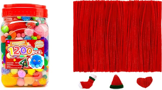The 1200pcs pom poms+200pcs red Pipe Cleaners, Art and Craft Supplies