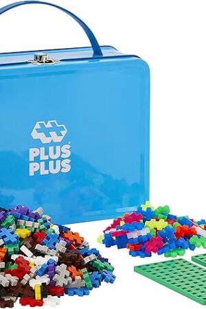 The PLUS PLUS Building Set with Metal Suitcase, 3D Open Ended Stem Toy for Kids, 600 Mini Interlocking Pieces, 2 Green Baseplates