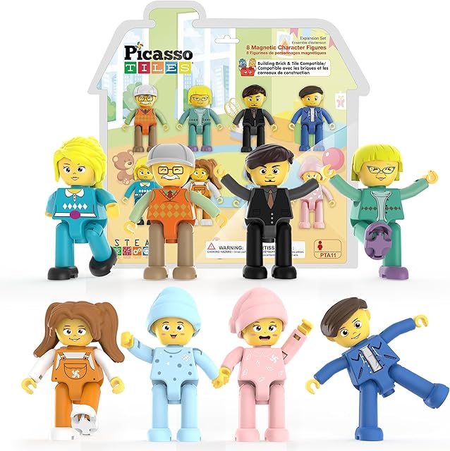 The PicassoTiles 8 Piece Magnetic Action Figures Family Character Set Compatible with Magnet Tile Building Blocks STEM Educational Toy for Kids Pretend Play Construction Expansion Pack Creative Play PTA11