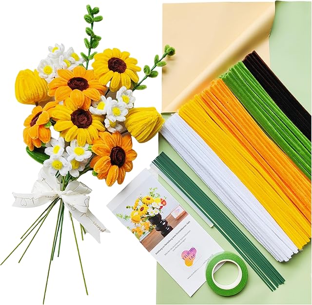 The 210 pcs Pipe Cleaner Flowers Craft kit for DIY Sunflower Bouquet with tutoria (5 Colors),Chenille Stems Flowers Craft kit with 12 pcs Green Floral Wires,Gardening Tape,Floral Paper