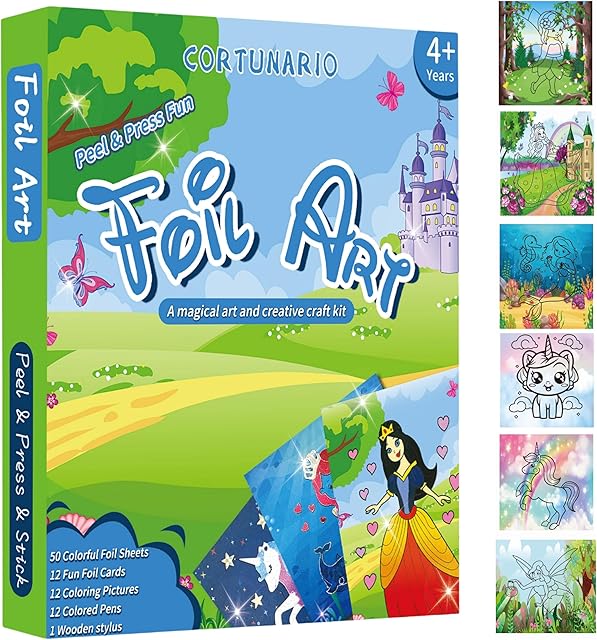 The CORTUNARIO Foil Art for Kids - Foil Fun Art Craft Kits Supplies, Mess Free Art & Craft Creative Coloring Activity, Travel Toys Birthday Christmas Gifts for Girls Ages 4 5 6 7 8 9