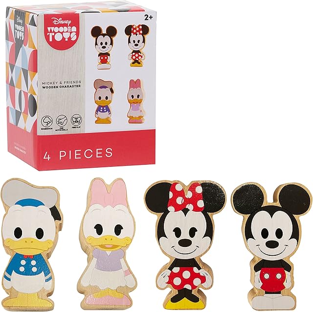 The Disney Wooden Toys 4-Piece Figure Set with Mickey Mouse, Minnie Mouse, Daisy Duck, and Donald Duck, Kids Toys for Ages 2 Up by Just Play