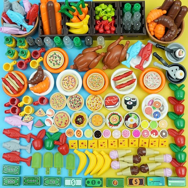 The 220pcs City Food Accessories Building Block, Friends-People Picnic Toys, Kitchen Restaurant Comida DIY Pieces, Fruit-Pizza-Cheese-Ice Cream-Turkey Parts, Money Bricks for Extra Set