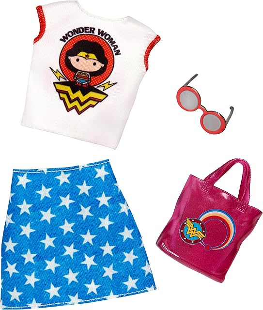 The Barbie Clothes: Wonder Woman Outfit Doll with Graphic Top, Star-Print Skirt, Purse and Sunglasses, Gift for 3 to 8 Year Olds