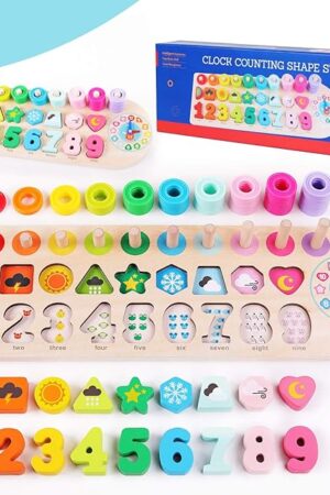 The QZMTOY Preschool Educational Learning Montessori Toys for Kids, Toddler Puzzles Number Shape Sorter Counting Stacker with Clock Weather, Boys Girls Activities Math Game Gift for Age 3 4 5 Years