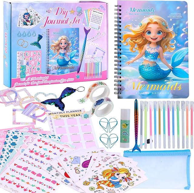 The DIY Journal Kit for Teen Girls, Arts and Crafts for Kids Ages 8-12, Mermaid Stationary Set, Scrapbook Kit Diary Birthday Ideas Gifts for 8 9 10 11 12 13 14 Years Old Girl