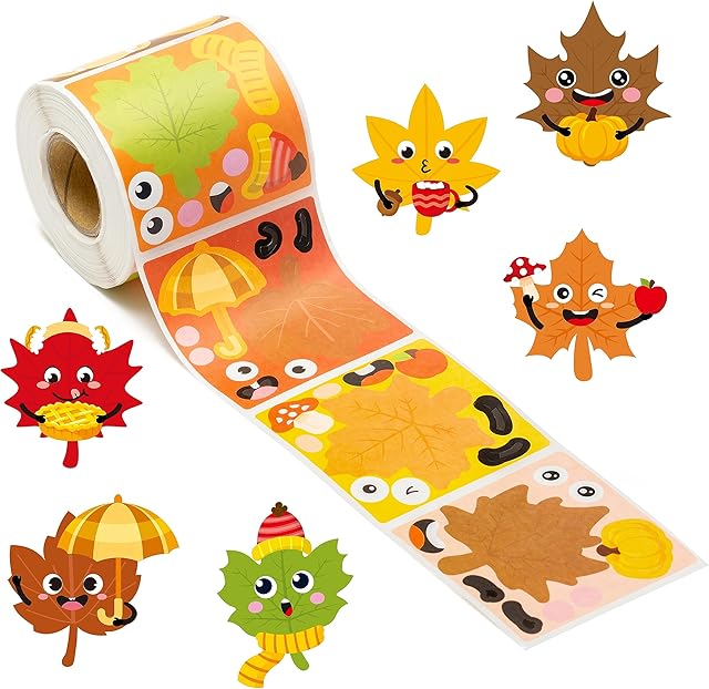 The ANGOLIO Fall Leaf Stickers Scene Roll - 300Pcs Make Your Own Leaves Stickers Scene Roll Cute Cartoon Vinyl Waterproof Decals DIY Art Crafts for Water Bottle Laptop Decor Thanksgiving Party Supplies