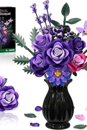 The Purple Roses Flower Bouquet Building Sets, 834PCS Artificial Flowers Building Blocks, Gothic Decor Halloween Decor Botanical Collection for Adults Women, Gifts for Halloween Christmas Valentines Day
