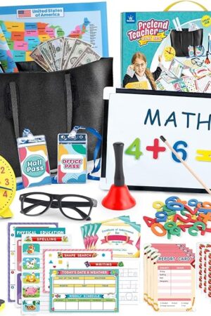 The Pretend Play Teacher Set for Kids with Numbers, Bell, Whiteboard, Learning Clock Over 40 Pieces Included, Pretend Set Toys Gift for Kids Age 5 6 7 8