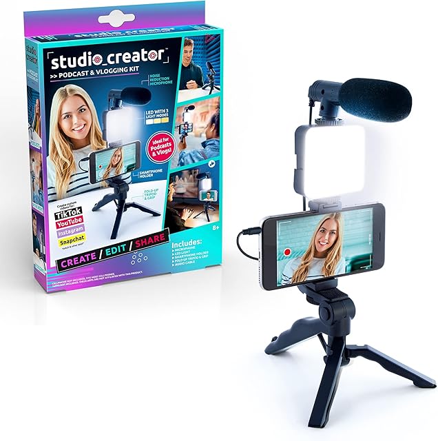 The Canal Toys New Studio Creator Podcast & Vlogging Kit – Record Your own podcasts and Vlogs Like Your Favorite influencers! Fold-up Tripod, LED Light & Microphone. Ages 8+