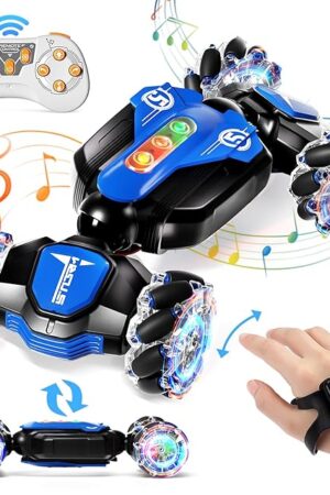 The Remote Control Car - 2.4GHz 4WD Gesture Sensing RC Stunt Toy With Cool Music and Light, Double-Sided Rotating 360 Flips, Gifts for 6-12 Boys Birthday (Blue)