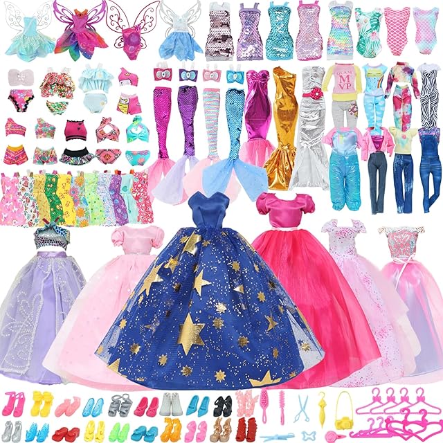 The 60pcs Doll Clothes and Accessories Fashion Dress Wedding Gowns, Daily Tops Pants Outfits Jumpsuit Swimsuits Bikini, 10 Mini Dresses Skirts, Shoes Hangers Dollhouse Accessories for 11.5 inch Girl Doll