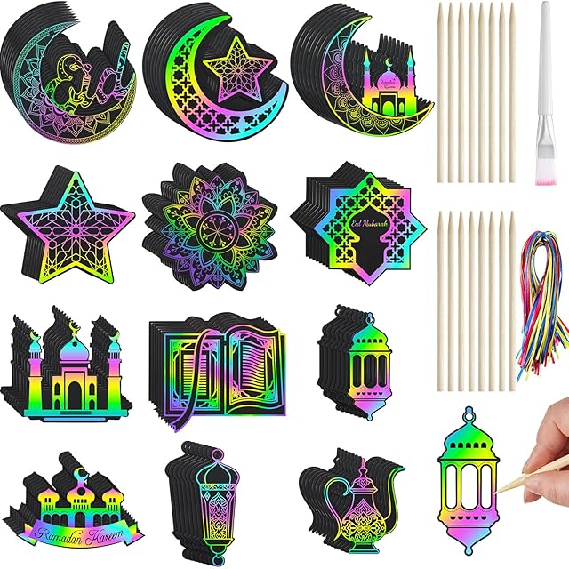 The 96 Pcs Ramadan Scratch Paper Kit Eid Mubarak Paper Scratch Off Card Eid Crafts Ramadan DIY Rainbow Hanging Ornament Craft for Ramadan Party Eid Mubarak Activity Drawing Supplies Decor