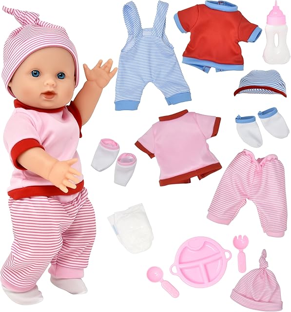 The Gift Boutique Realistic Baby Doll with Clothes & Accessories for Girls & Boys, 12 Inch Newborn Baby Doll with Pink Change of Clothes Diaper Baby Bottle Feeding & Caring Set for Toddlers & Kids Age 3-6