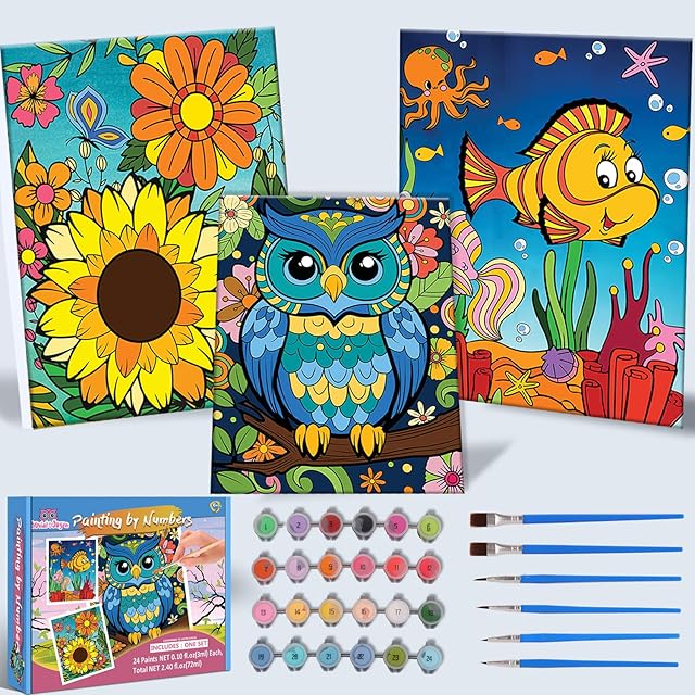 The Kids Paint By Number Kits Age 8-12, 3 Pack 8x10 Inch Framed Canvas With 24x3ml Acrylic Pots, 6 Brushes, Painting Kits For Kids, Crafty By Numbers With Paint, 6-10 Year Old Girl Christmas Gift
