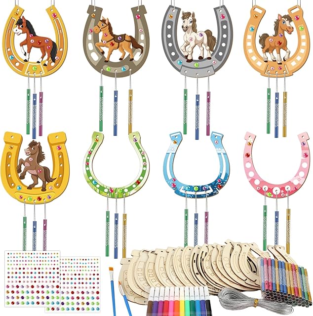 The gisgfim 16 Pack Horse Crafts for Kids Wind Chime Kits Make Your Own Horseshoe Wind Chime Ornament Unfinished Wooden DIY Coloring Horse Art Craft for School Home Hanging Decor Birthday Supply Favor