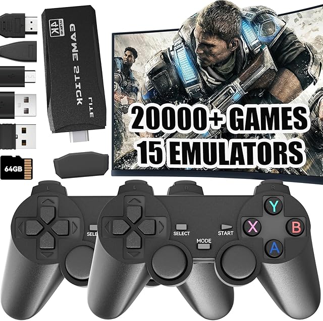 The Retro Gaming Console, Plug and Play Video Games Console Wireless Game Stick with 20000+ Games Retro Handheld Game Console Built-in 15 Emulators 64G, 4K HDMI Output, 2.4G Wireless Controllers