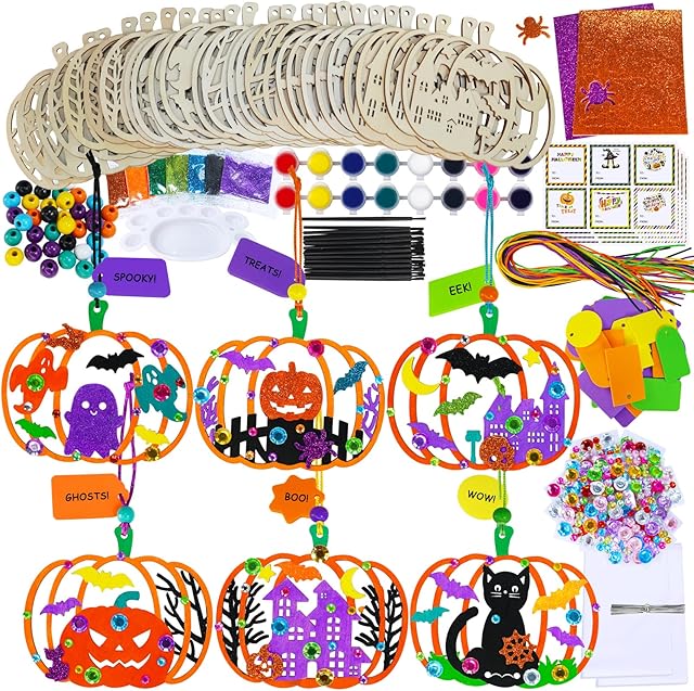 The Winlyn 24 Sets Halloween Pumpkin Craft Kits DIY Wooden Pumpkin Ornaments Craft Kits Unfinished Paintable Wood Pumpkin Halloween Crafts for Kids Classroom Activities Art Project Halloween Decorations