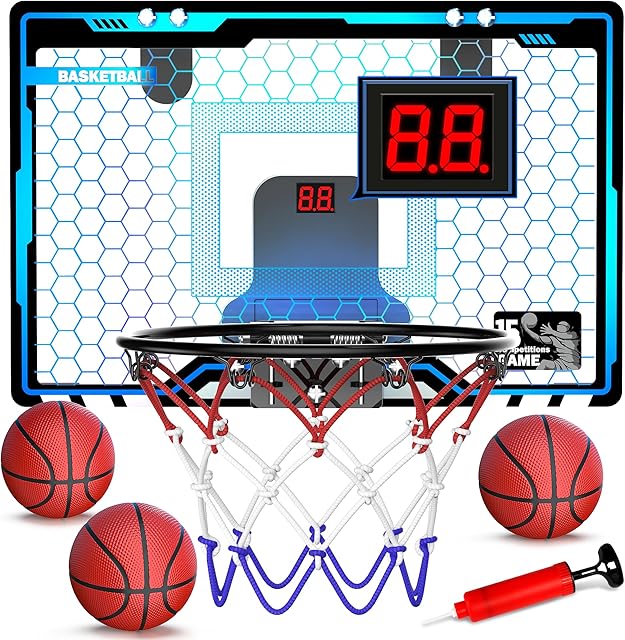 The HopeRock Indoor Mini Basketball Hoop for Kids, Basketball Hoops Over The Door with LED Lighting, Mini Hoop with Scoreboard & 3 Balls, Basketball Toys Gifts for 5 6 7 8 9 10 11 12 Year Old Boys Girls