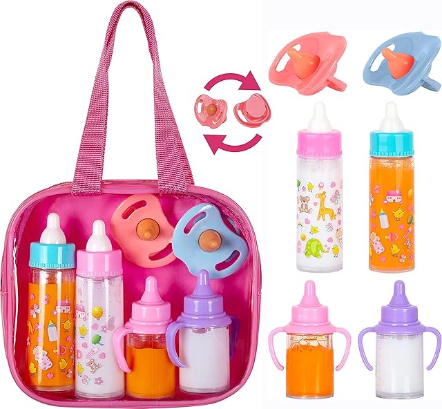 The fash n kolor®, My Sweet Baby Disappearing Doll Feeding Set | Baby Care 6 Piece Doll Feeding Set for Toy Stroller | 2 Milk & Juice Bottles with Toy Pacifier for Baby Doll,