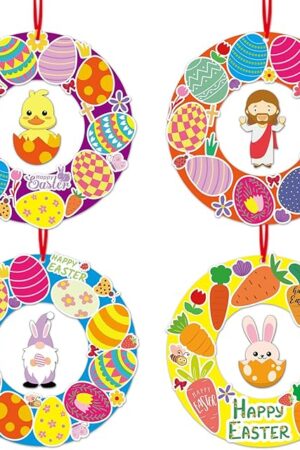 The Qyeahkj 30 Sets Easter Craft kit for Toddlers Happy Easter Wreath Signs Decorations Paper Art Craft with Rabbit Colorful Eggs Stickers DIY Art Project Gift for Kids Home Classroom Activity