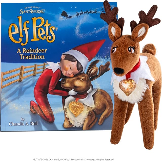 The Elf Pets: A Reindeer Tradition - Includes Beautifully Illustrated Hardbound Storybook, Huggable Elf Pet Reindeer Stuffed Animal with Golden Heart Charm and Official Adoption Certificate