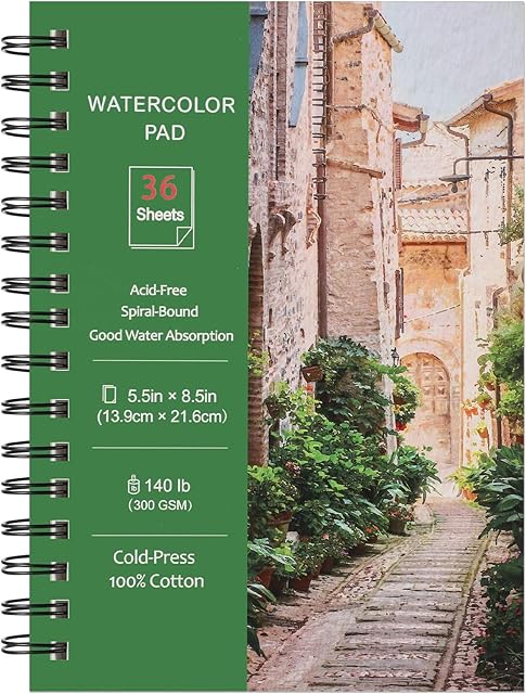 The Prudiut 36 Sheets Watercolor Paper Pads 5.5x8.5?, 140 lb/300 GSM Cold Press Water Color Paper, Spiral Bound Watercolor Sketchbook for Watercolors, Art Painting, Journal