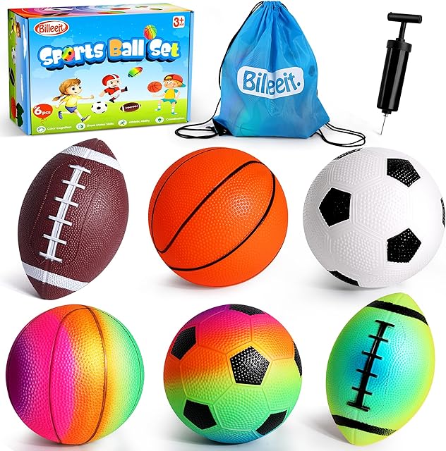 The Small Sports Balls for Toddler Pack of 6, 2 Each of 5" Football, Basketball, Soccer for Playground, Toy Balls Inflatable Multi-Sport Ball Set with 1 Pump for Indoor and Outdoor Activities