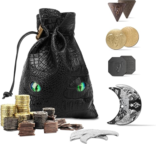 The 145PCS Metal DND Coins & Leather Bag, Contains 60 Gold Coins, 40 Sliver Coins, 40 Copper Coins and 5 Platinum Coins, Tokens with Glow in The Night Eyes Bag for RPG Tablelap Games