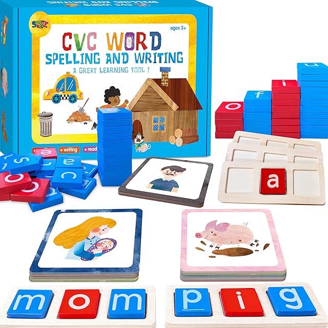 The 154 PCS Wooden CVC Word Spelling Game, Short Vowel Spelling Flashcards Sight Words Flash Cards Montessori Early Educational Toys for Preschool Kindergarten (5 Dry Erase Marker Included)